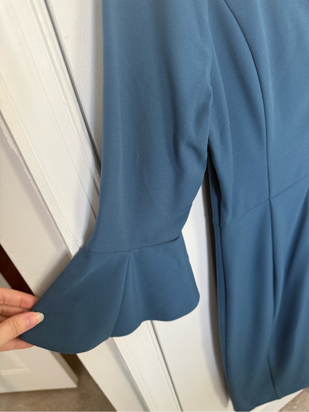 White House Black Market Peacock Blue Midi Dress with Bell Sleeves - Picture 7 of 8